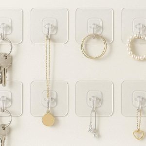 Small Adhesive Wall Hooks for Hanging Keys and Jewelry Set of 8 Waterproof Clear Hooks for Bathroom Kitchen