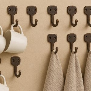 Rustic Vintage Style Small Metal Hooks for Coffee Mugs and Hand Towels Set of 8 Bronze Finished Hangers