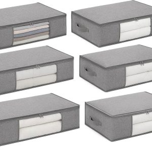 Set of 6 Underbed Storage Containers with Reinforced Handles and Clear Windows for Clothes Blankets Comforters Grey Fabric