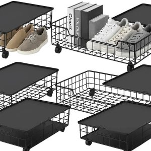 Underbed Storage Bins with Wheels and Lids Set of 6 Rolling Metal Wire Organizers for Shoes and Books Black