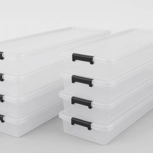 Plastic Underbed Storage Boxes with Lids and Secure Buckles Set of 6 Clear Slim Containers for Wrapping Paper Shoes