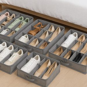 Breathable Underbed Shoe Storage Organizer Set of 6 Foldable Soft Fabric Bags with Adjustable Dividers for Sneakers and Heels