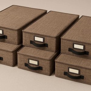 Low Profile Underbed Storage Drawers Set of 6 Wooden Texture Fabric Organizers with Label Holders for Office and Bedroom
